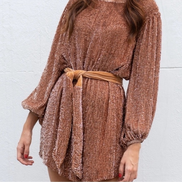 Retrofete Grace Sequin Long Sleeve Mini Dress with Velvet Tie Belt Bronze SizeXS - Picture 1 of 14